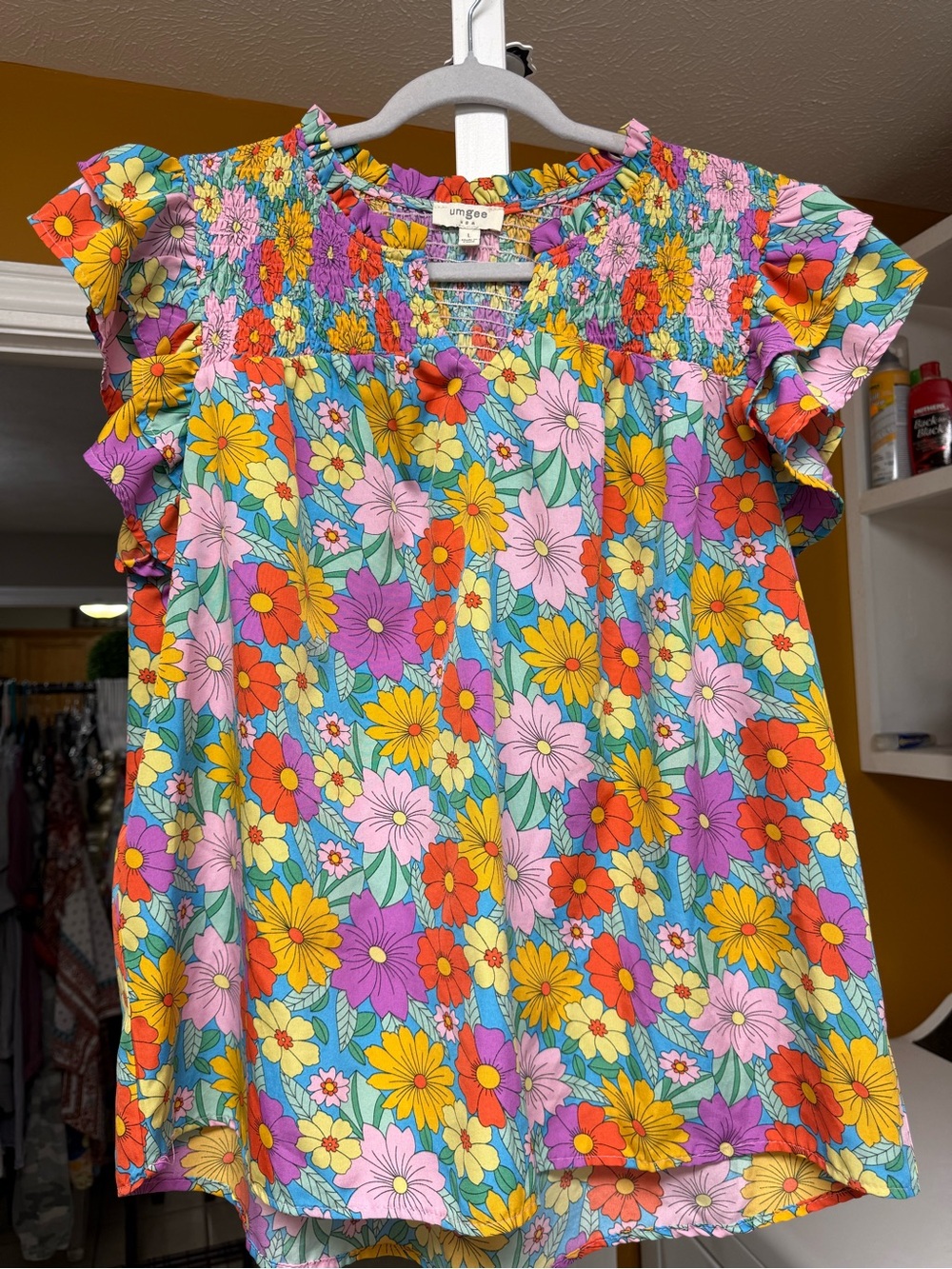Umgee Pink Multi Floral Smocked Flutter Sleeve Top - Picture 2 of 4